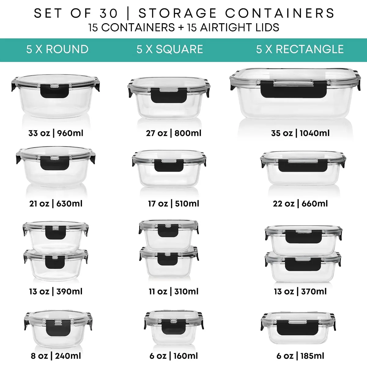 Razab 30 PC Glass Food Storage Containers with Lids - Reusable Glass Meal Prep Containers for Lunch and Leftovers - Airtight & Leakproof Snap Locking Lids - Oven, Freezer, Microwave, Dishwasher Safe — image 2