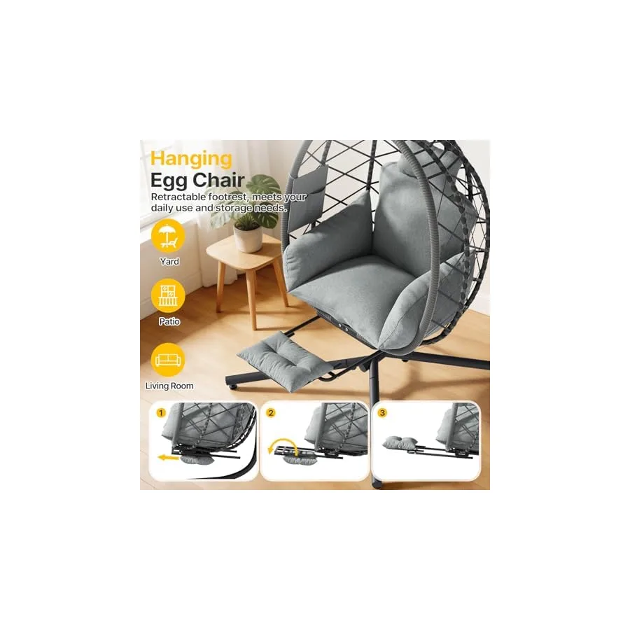 Suteck Hanging Egg Chair with Adjustable Footrest & Stand, Grey — image 6