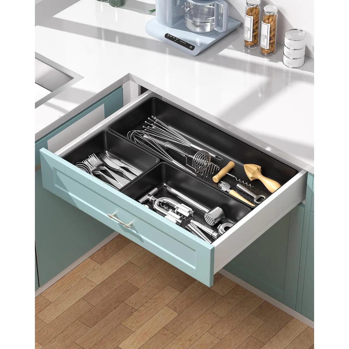 10 Pack Large Size Plastic Drawer Organizers Set, 3 Sizes Desk Drawer Organizer Trays, Storage Bins for Vanity, Makeup, Bathroom, Kitchen Utensils and Office (Black) — image 6