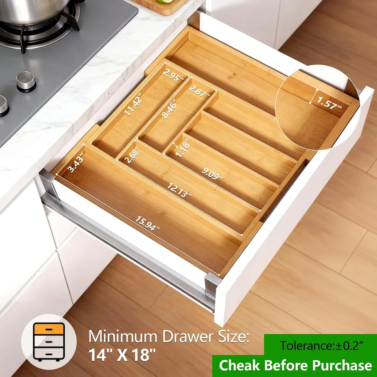Pipishell Expandable Bamboo Silverware Organizer, Large Kitchen Drawer Tray — image 2