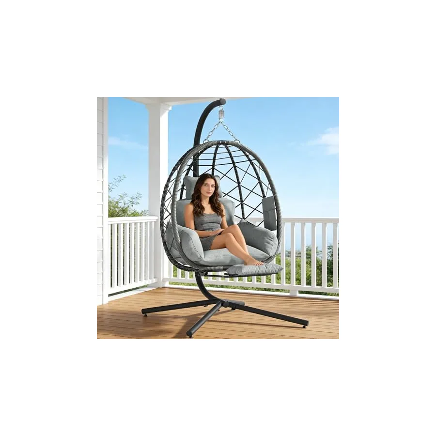 Suteck Hanging Egg Chair with Adjustable Footrest & Stand, Grey — image 2