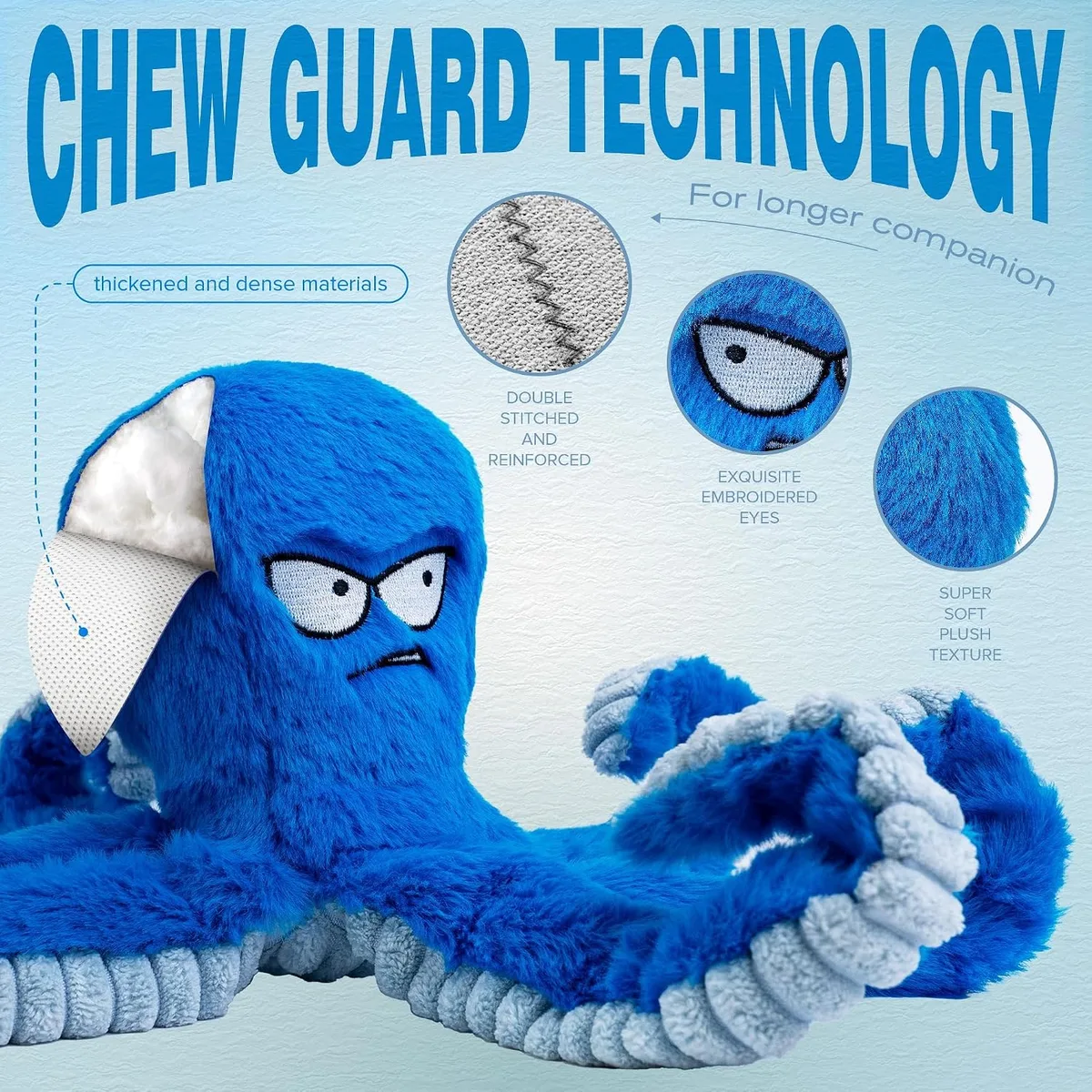 LEGEND SANDY Tough Dog Toys, Stuffed Chew Large Dog Toys to Keep Them Busy, Interactive Squeaky Tug of War Doggie Toy, Crinkle Blue Octopus — image 3
