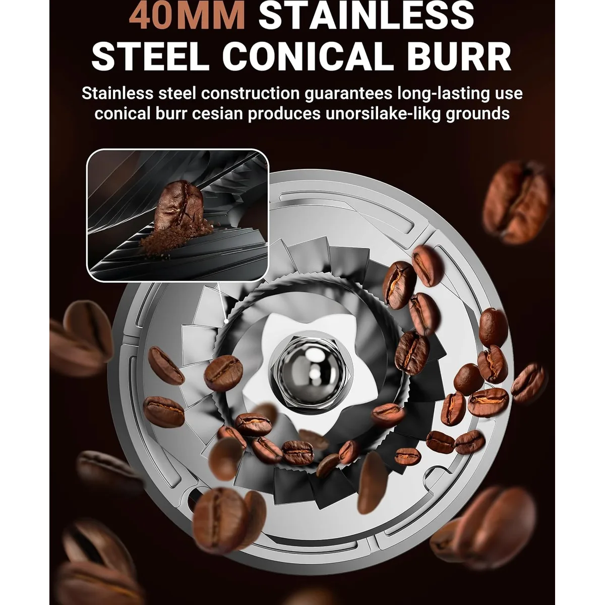 AMZCHEF Burr Coffee Grinder, 48 Settings, Less Static Mess, Metallic Silver — image 4