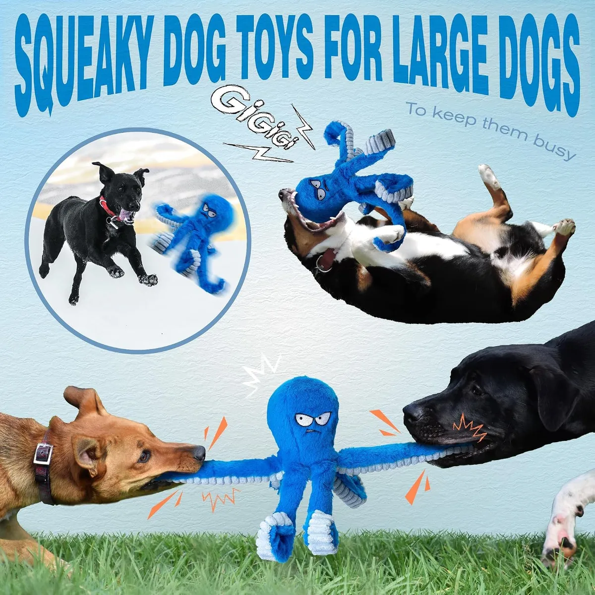 LEGEND SANDY Tough Dog Toys, Stuffed Chew Large Dog Toys to Keep Them Busy, Interactive Squeaky Tug of War Doggie Toy, Crinkle Blue Octopus — image 6