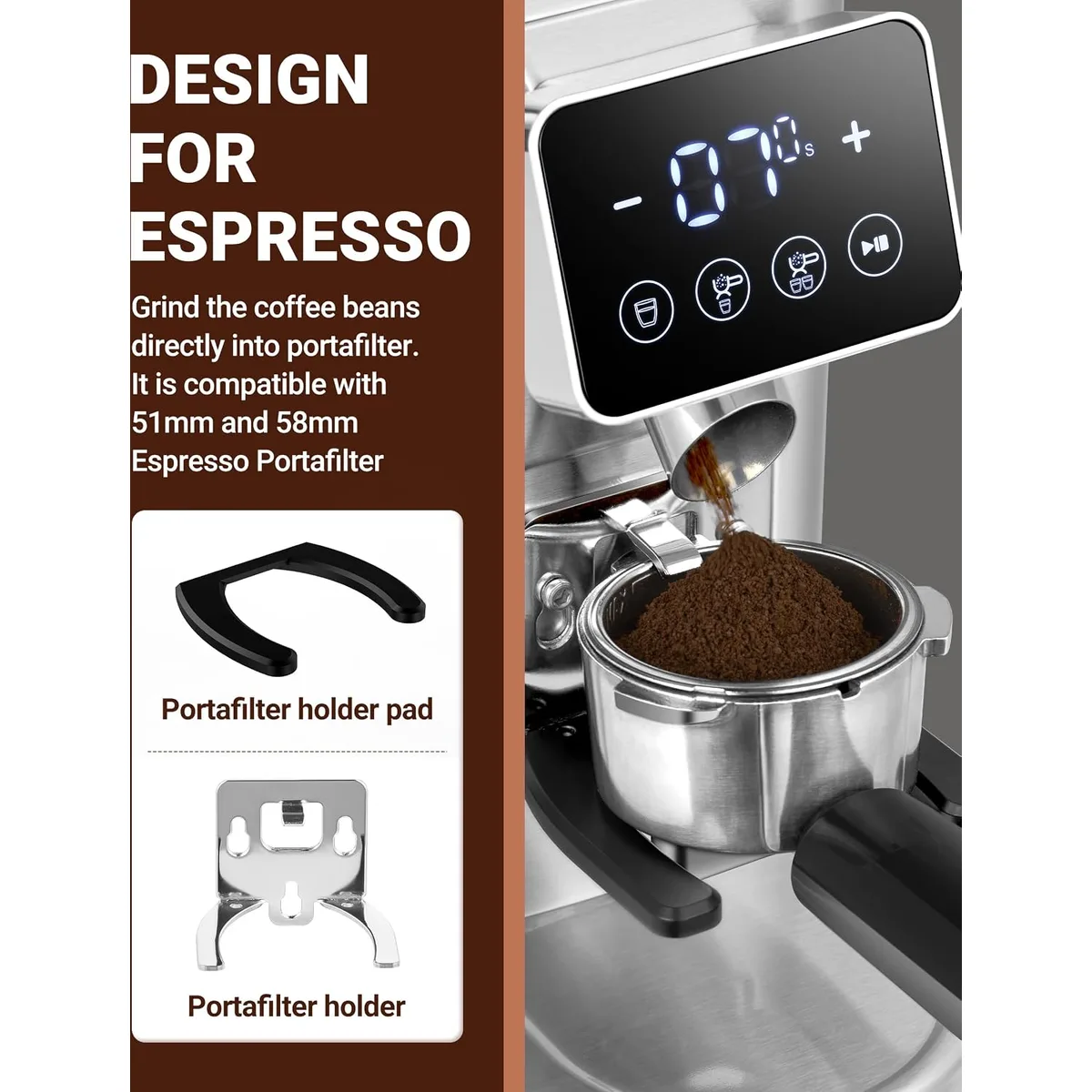 AMZCHEF Burr Coffee Grinder, 48 Settings, Less Static Mess, Metallic Silver — image 2