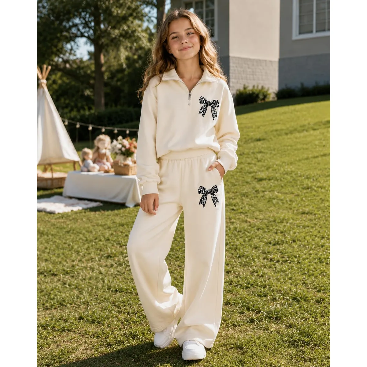 Tween Girls Clothes Long Sleeve BowBow Zip-Up Sweatshirt + Wide Leg Pants 2 Piece Outfit Set, Size 7-16Years — image 3