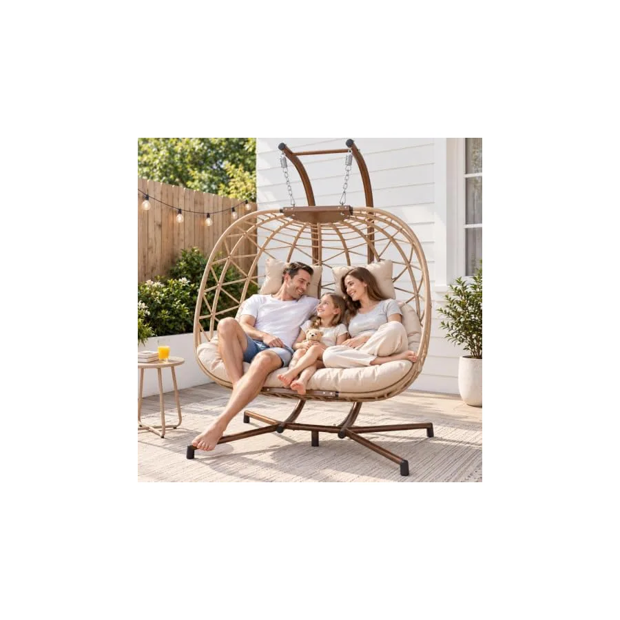 NICESOUL Double Swing Egg Chair with Stand, Extra Large 2 Person Indoor Outdoor Wicker Loveseat, Oversized Patio Hanging Basket Chair with Cushions, Cozy Sturdy Porch Swing for Backyard Balcony, Beige — image 2