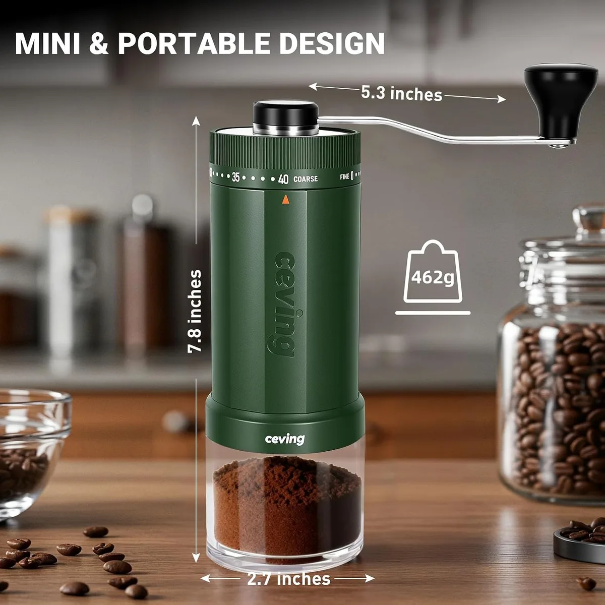 CEVING World's First 60g Large Capacity Manual Coffee Grinder, Green — image 6