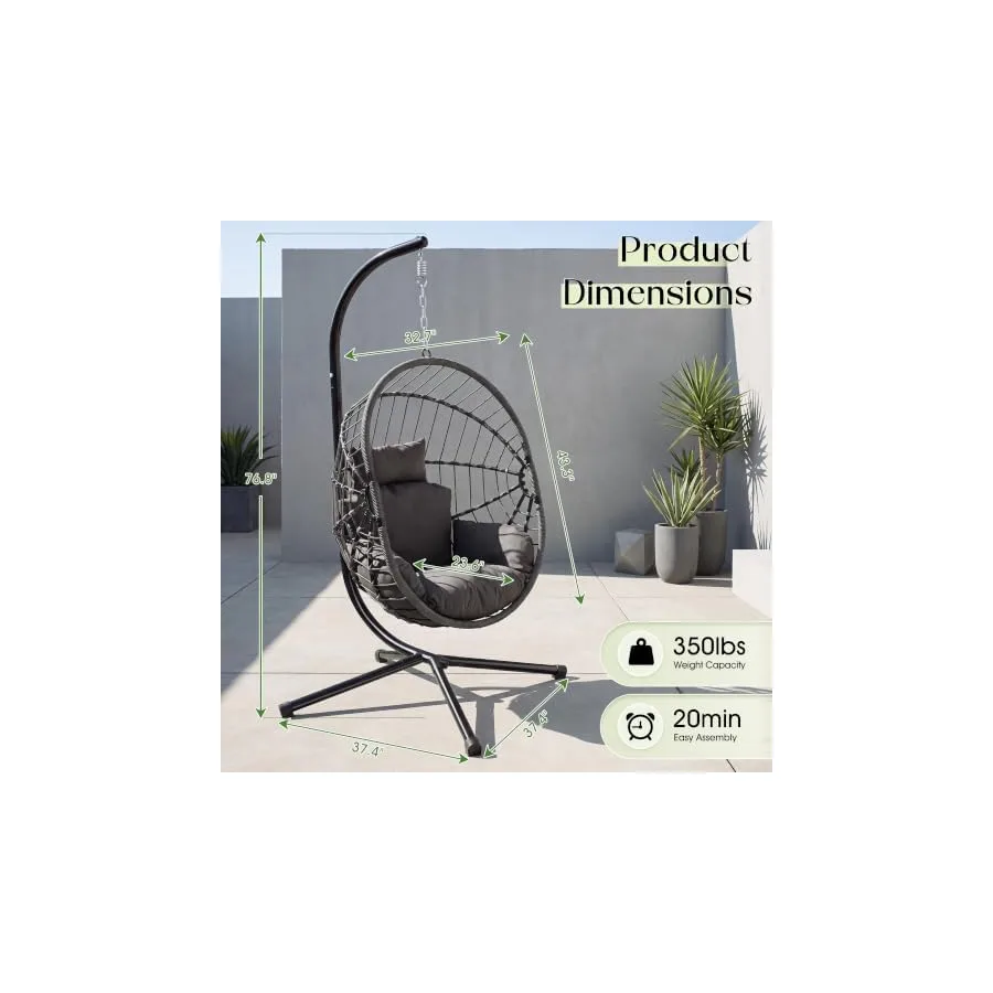 LEX CRAFT Hanging Egg Chair with Stand, Swinging Egg Chair Outdoor Indoor, Hanging Basket Chair with Cushion, Patio Wicker Hammock Chair 350lbs Capacity Gery-Gery — image 6
