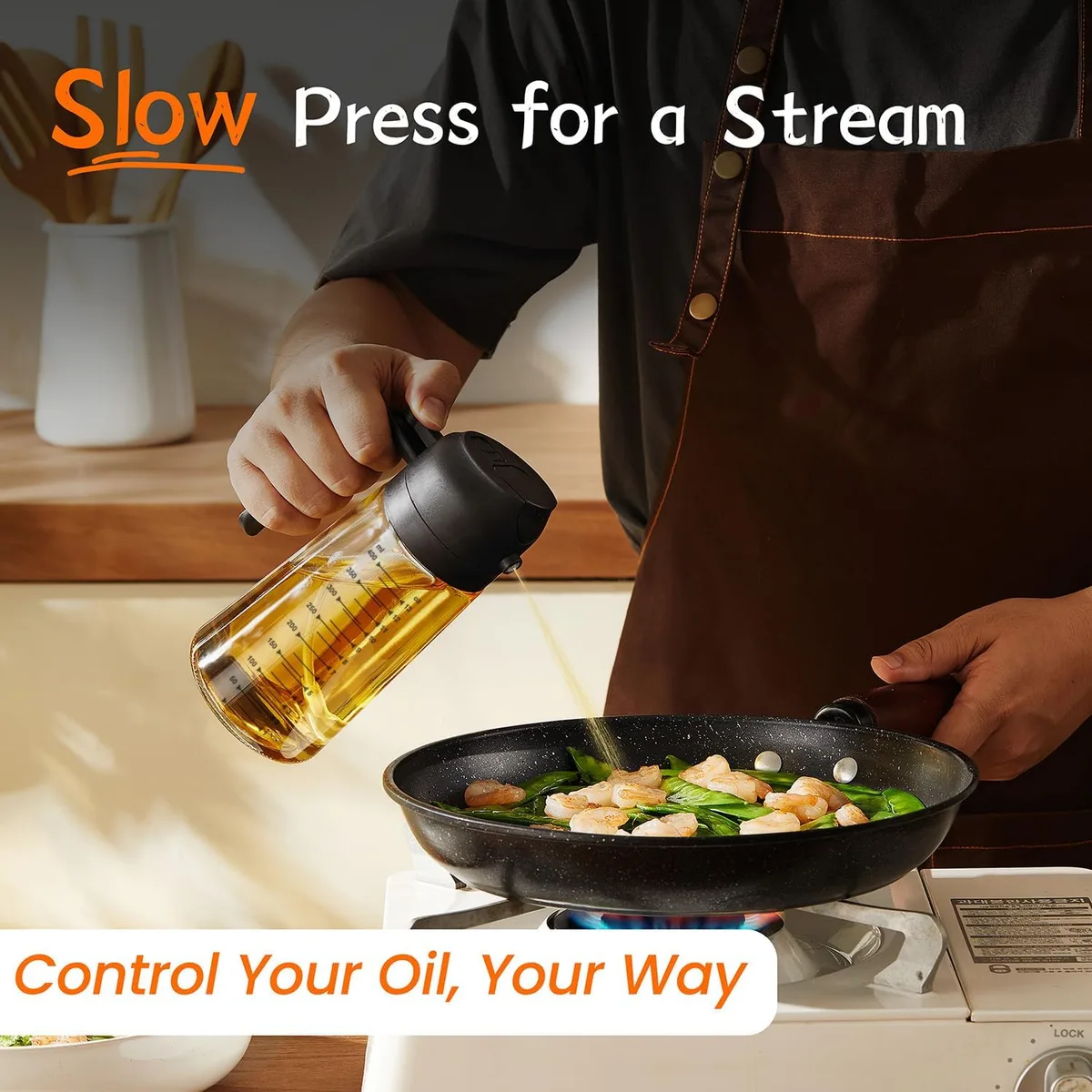 TrendPlain 16oz/470ml Glass Olive Oil Sprayer for Cooking – 2 in 1 Olive Oil Dispenser Bottle for Kitchen Gadgets and Air Fryer Accessories, Salad, BBQ - Black — image 3
