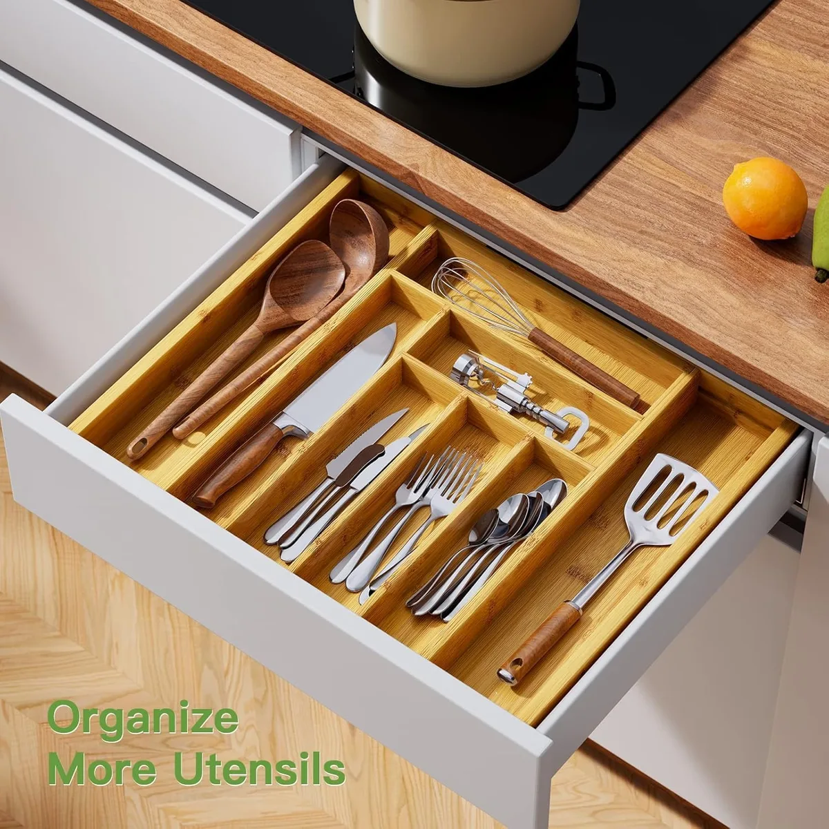 Pipishell Expandable Bamboo Silverware Organizer, Large Kitchen Drawer Tray — image 4