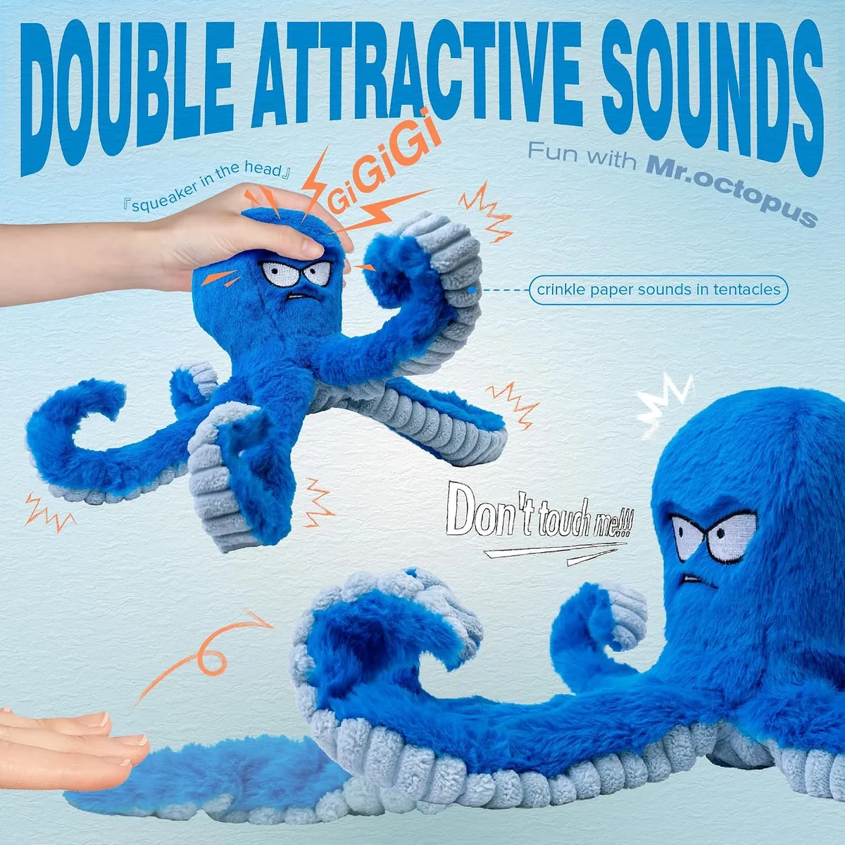 LEGEND SANDY Tough Dog Toys, Stuffed Chew Large Dog Toys to Keep Them Busy, Interactive Squeaky Tug of War Doggie Toy, Crinkle Blue Octopus — image 2