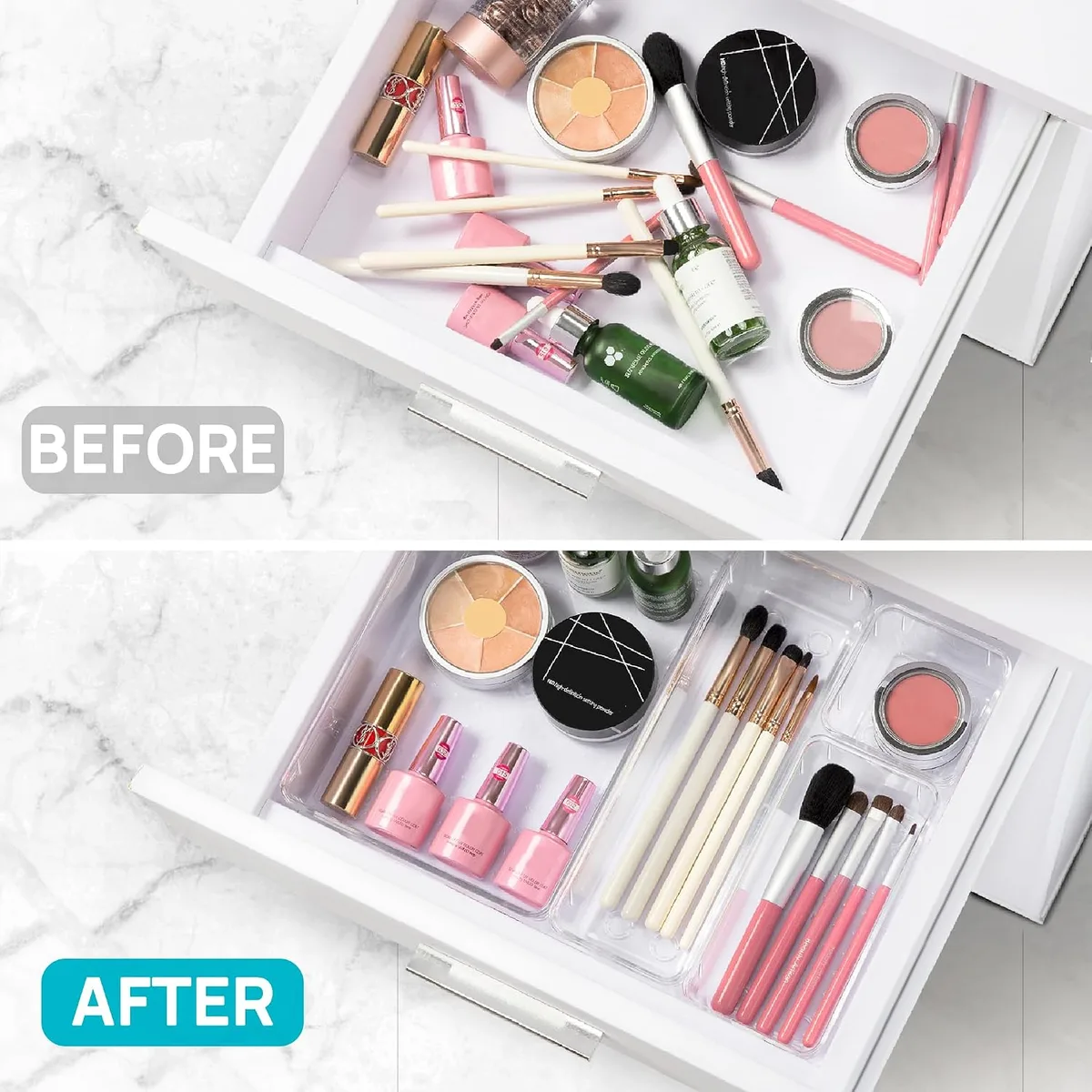 Vtopmart 25 PCS Clear Plastic Drawer Organizers Set, 4-Size Versatile Bathroom and Vanity Drawer Organizer Trays, Storage Bins for Makeup, Bedroom, Kitchen Gadgets Utensils and Office — image 2