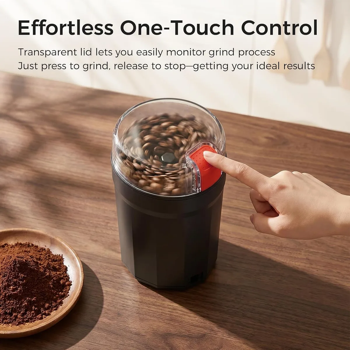 Electric Coffee Grinder, 2-in-1 Cleaning Brush & Scoop, Safety Lid — image 4