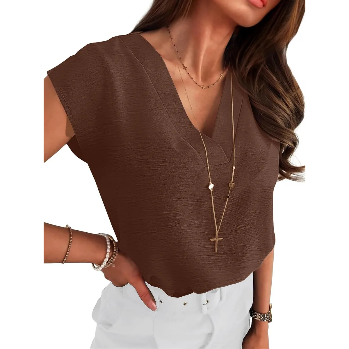 ANRABESS Women Tops Business Casual Cap Sleeve Dressy Blouse V Neck Shirts — image 7