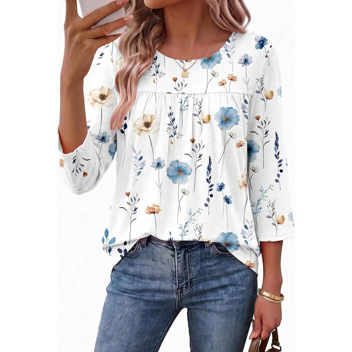 Ekouaer Womens 3/4 Length Sleeve Tops Boho Blouses Casual Pleated Shirts — image 2